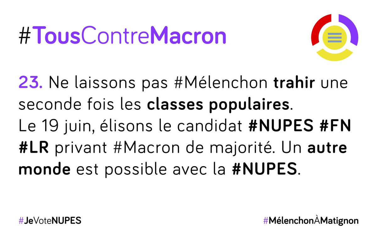 Erreur, <a href="/pjacquemain/">Pierre Jacquemain</a> ! Pas un bulletin pour #ManuDesTrèsRiches au 2e tour. #TousContreMacron !
#GiletsJaunes #motpourmot #abolirlaRépublique #nupes #legislatives2022    #MelenchonAMatignon 
<a href="/FranceInsoumise/">La France insoumise</a> <a href="/NUPES_2022_/">Nouvelle Union Populaire Écologique et Sociale ✌️</a> <a href="/JLMelenchon/">Jean-Luc Mélenchon</a>