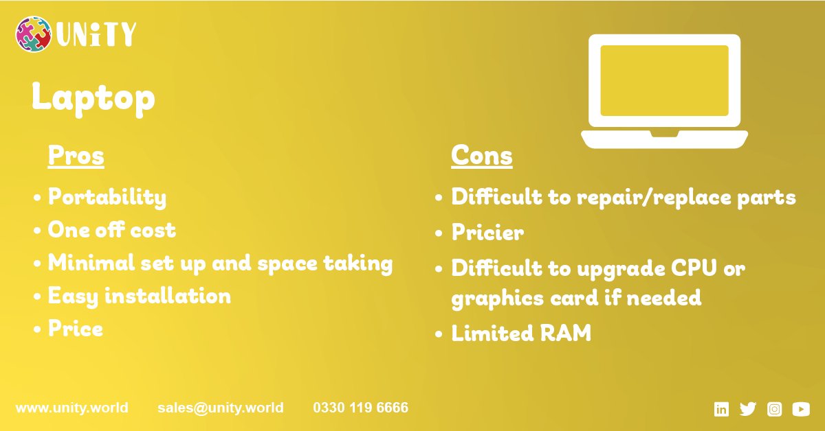Unityworld6's tweet image. What's better, laptop or desktop? Laptops are more portable and easier to use but they lack storage. Contact us on 0330 119 6666 or email us at sales@unity.world to find out more. #WeAreUnityWorld #B2B #BizHour #Laptop #Desktop