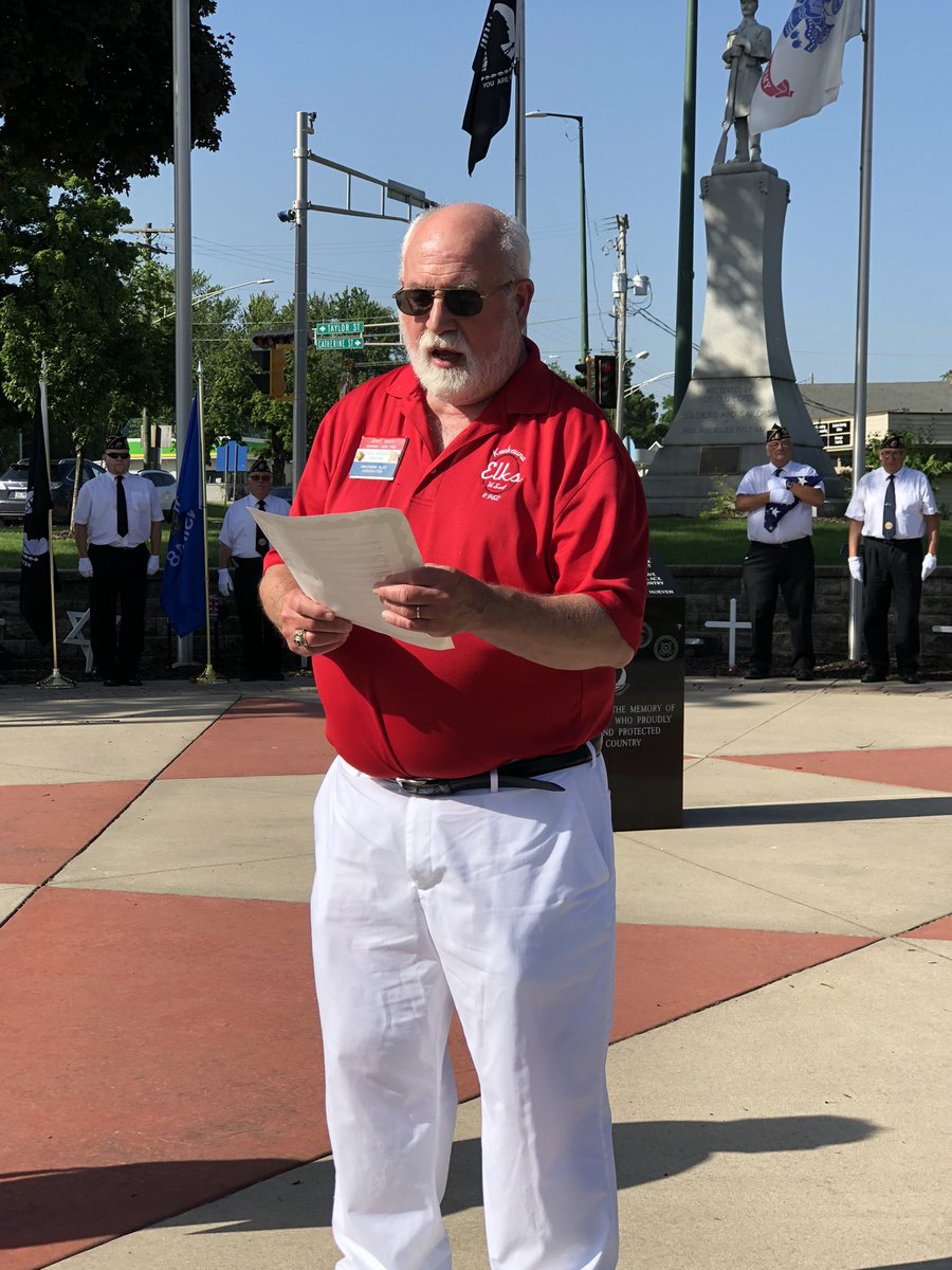 MatthewRSmith71's tweet photo. Kudos to Jerry Brien and the Kaukauna Elks for the great Flag Day ceremony at Veterans Memorial Park &amp; Ring of Honor in Kaukauna last evening.  Thank you for the flag donation to the District.  Thanks also to all of the veterans who assisted in the ceremony.  @962Elks @kaukaunasd https://t.co/ZTzat4514O