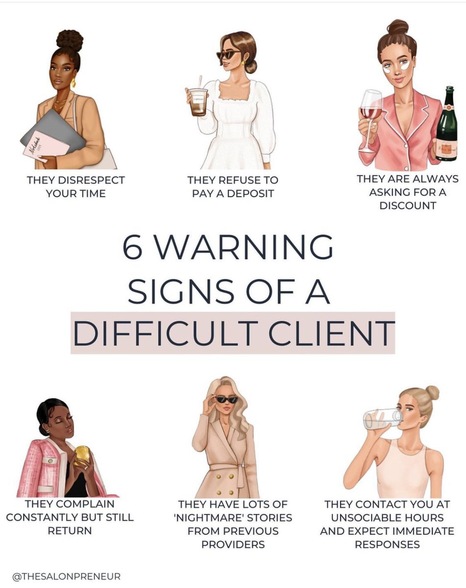 salon_bridge's tweet photo. Check out these "6 Warning Signs of a Difficult Client". Respect between a business and a client should work both ways ❤️

📸 @thesalonpreneur

#salonbridge #salon #spa #hairsalons #hairstylist #bookingsoftware #onlinebookings https://t.co/TmF4xUfx6p