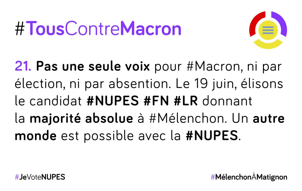Donc dans les duels contre #RN/#LR, le pire c'est #LREM ! Pas un bulletin pour #ManuDesTrèsRiches au 2e tour. #TousContreMacron !
#GiletsJaunes #motpourmot #abolirlaRépublique #nupes #legislatives2022    #MelenchonAMatignon 
<a href="/FranceInsoumise/">La France insoumise</a> <a href="/NUPES_2022_/">Nouvelle Union Populaire Écologique et Sociale ✌️</a> <a href="/JLMelenchon/">Jean-Luc Mélenchon</a>
<a href="/ALeaument/">Antoine Léaument 🇫🇷</a>