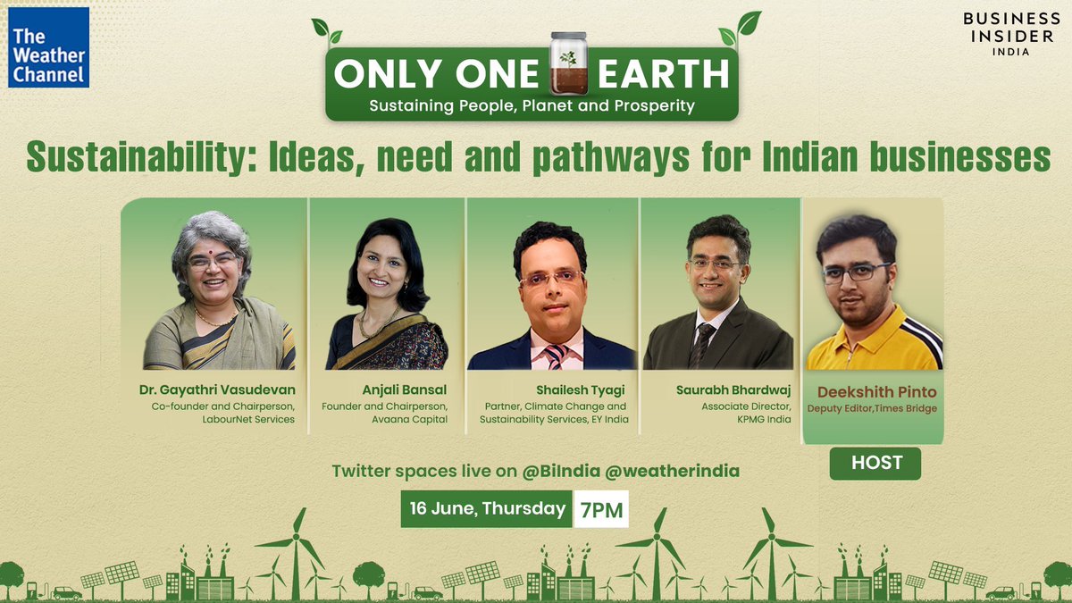 Sustainability: Ideas, need and pathways for Indian businesses

Join the Twitter Spaces event with <a href="/vgayathri10/">Gayathri Vasudevan</a>, Anjali Bansal, <a href="/ArunodyaTyagi/">Shailesh Tyagi</a>, <a href="/Saurabhsays_/">Saurabh Bhardwaj</a>, in conversation with <a href="/deekshith_np/">Deekshith Nevil Pinto</a>, tomorrow at 7PM.

<a href="/BiIndia/">Business Insider India🇮🇳</a>