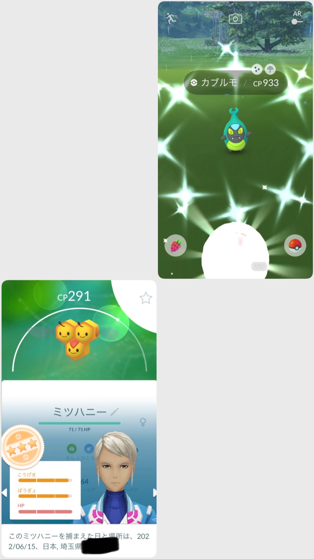 ひろっぺ Poke 本日の収穫 カブルモ色違い 寝起きの起動一発目で初お目見えの野生でゲト 薄 い漂白剤に浸かったみたいな首を傾げてしまう色ではなく しかも色鮮やかなのがなかなかいいですねぇ ミツハニー 個体値96 野生でゲト 手持ちが