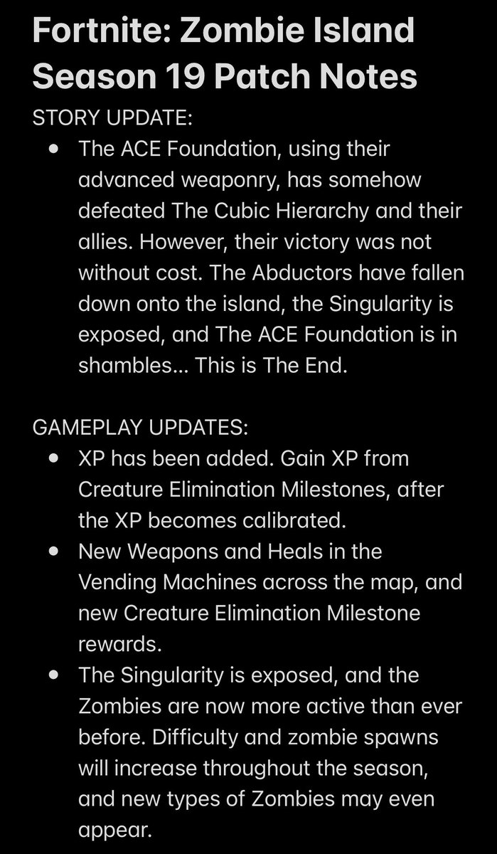 BulbousDrew's tweet photo. Fortnite: Zombie Island’s final story season, Season 19, is out now.

The Cubic Hierarchy is defeated, but The Singularity is exposed.

Battle against the Zombies as Difficulty increases throughout the Season and earn XP from Milestones.

This is The End.
#FortniteCreative https://t.co/aoWt8NHG1g
