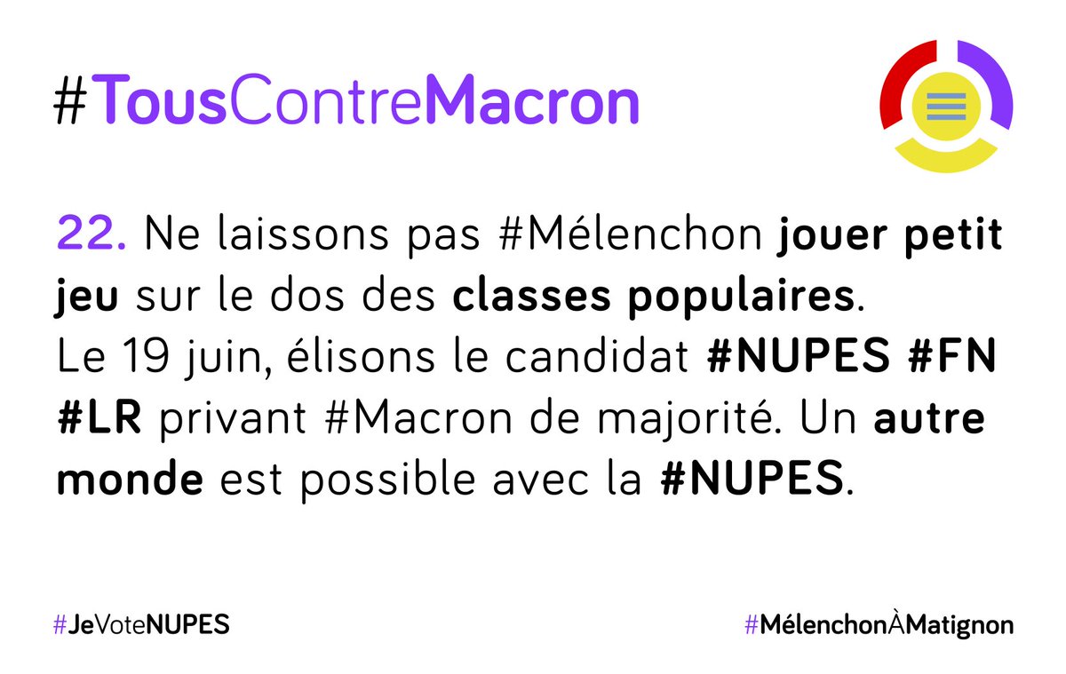 On est d'accord : pas un bulletin pour #ManuDesTrèsRiches au 2e tour. #TousContreMacron !
#GiletsJaunes #motpourmot #abolirlaRépublique #nupes #legislatives2022    #MelenchonAMatignon 
<a href="/FranceInsoumise/">La France insoumise</a> <a href="/NUPES_2022_/">Nouvelle Union Populaire Écologique et Sociale ✌️</a> <a href="/JLMelenchon/">Jean-Luc Mélenchon</a>
<a href="/Nico__Tho/">Nicolas Thomas</a>