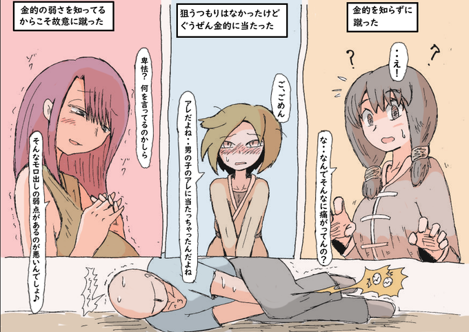 金的を打った時の反応。
〝男の弱点〟に対する知識の差で
金的のリアクションも変わるのです。 