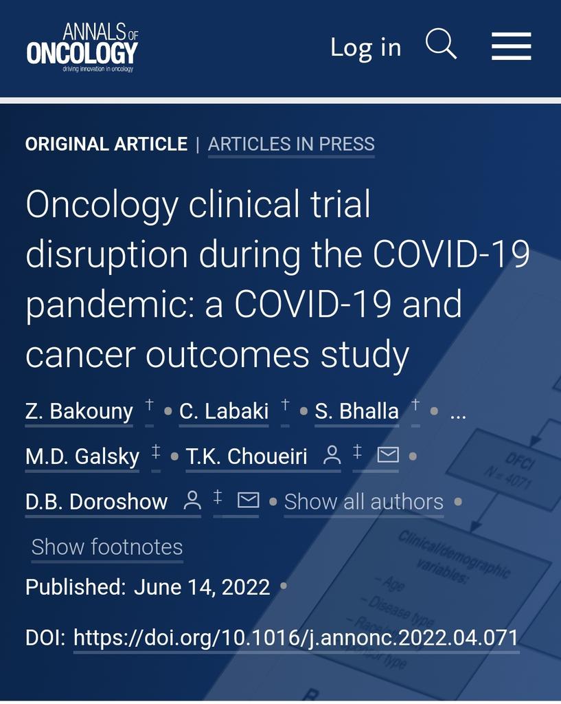 Ziad Bakouny, MD, MSc (@ziadbakouny) on Twitter photo Thrilled to see our work on clinical trial disruption <a href="/DanaFarber/">Dana-Farber</a> & <a href="/MountSinaiNYC/">Mount Sinai Health System</a> during the #COVID19 pandemic just published in <a href="/Annals_Oncology/">Annals of Oncology</a>!
W/ co-1st authors: <a href="/Chrislabaki1/">Chris Labaki</a>
<a href="/SheenaBhallaMD/">Sheena Bhalla</a> <a href="/dr_aschmidt/">Andrew Schmidt</a>
Mentors: <a href="/DrChoueiri/">Toni Choueiri, MD</a> <a href="/MattGalsky/">brando</a> <a href="/DDoroshow/">Deborah Doroshow</a>
annalsofoncology.org/article/S0923-… Thrilled to see our work on clinical trial disruption <a href="/DanaFarber/">Dana-Farber</a> & <a href="/MountSinaiNYC/">Mount Sinai Health System</a> during the #COVID19 pandemic just published in <a href="/Annals_Oncology/">Annals of Oncology</a>!
W/ co-1st authors: <a href="/Chrislabaki1/">Chris Labaki</a>
<a href="/SheenaBhallaMD/">Sheena Bhalla</a> <a href="/dr_aschmidt/">Andrew Schmidt</a>
Mentors: <a href="/DrChoueiri/">Toni Choueiri, MD</a> <a href="/MattGalsky/">brando</a> <a href="/DDoroshow/">Deborah Doroshow</a>
annalsofoncology.org/article/S0923-…