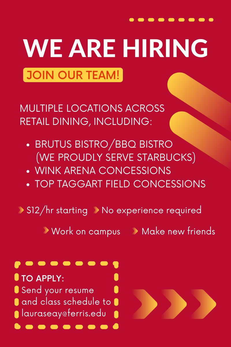 FerrisStarbucks's tweet photo. Other retail dining services on our campus are currently hiring! Please send your resume and class schedule to lauraseay@ferris.edu if interested! https://t.co/ex5Rq0epht
