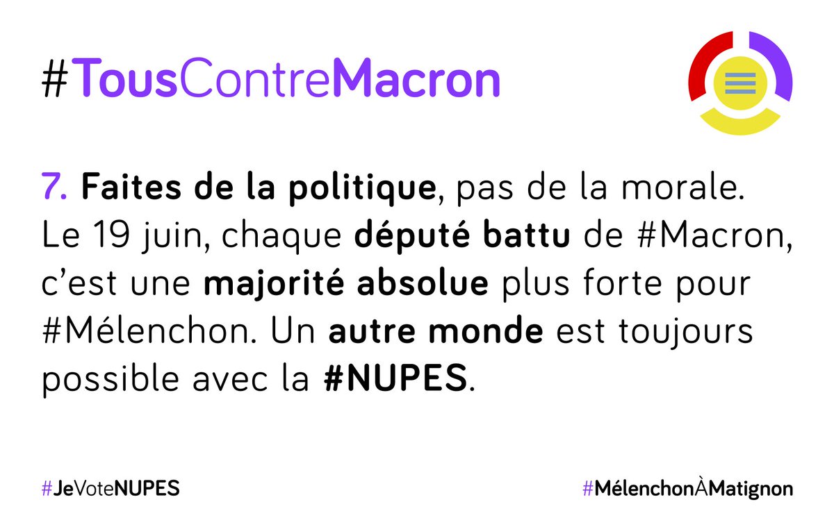 Non, <a href="/sbovodaa/">Andrea Svoboda</a> ! Pas un bulletin pour #ManuDesTrèsRiches au 2e tour. #TousContreMacron !
#GiletsJaunes #motpourmot #abolirlaRépublique #nupes #legislatives2022    #MelenchonAMatignon 
<a href="/FranceInsoumise/">La France insoumise</a> <a href="/NUPES_2022_/">Nouvelle Union Populaire Écologique et Sociale ✌️</a> <a href="/JLMelenchon/">Jean-Luc Mélenchon</a>