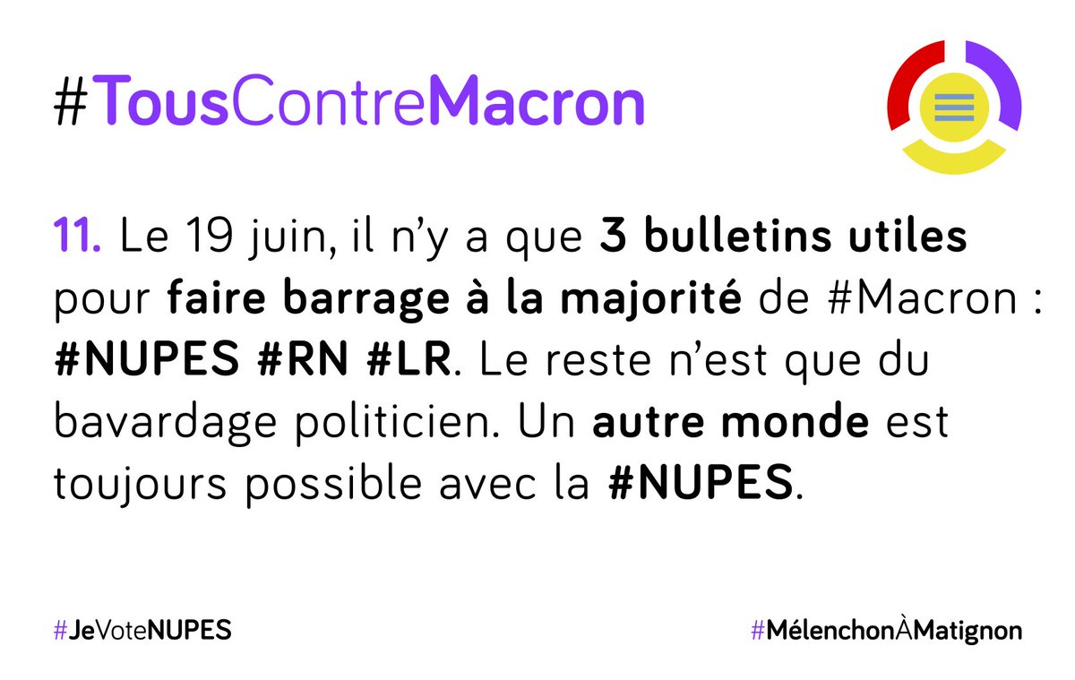 Pas du tout, <a href="/sbovodaa/">Andrea Svoboda</a> ! Pas un bulletin pour #ManuDesTrèsRiches au 2e tour. #TousContreMacron !
#GiletsJaunes #motpourmot #abolirlaRépublique #nupes #legislatives2022    #MelenchonAMatignon 
<a href="/FranceInsoumise/">La France insoumise</a> <a href="/NUPES_2022_/">Nouvelle Union Populaire Écologique et Sociale ✌️</a> <a href="/JLMelenchon/">Jean-Luc Mélenchon</a>