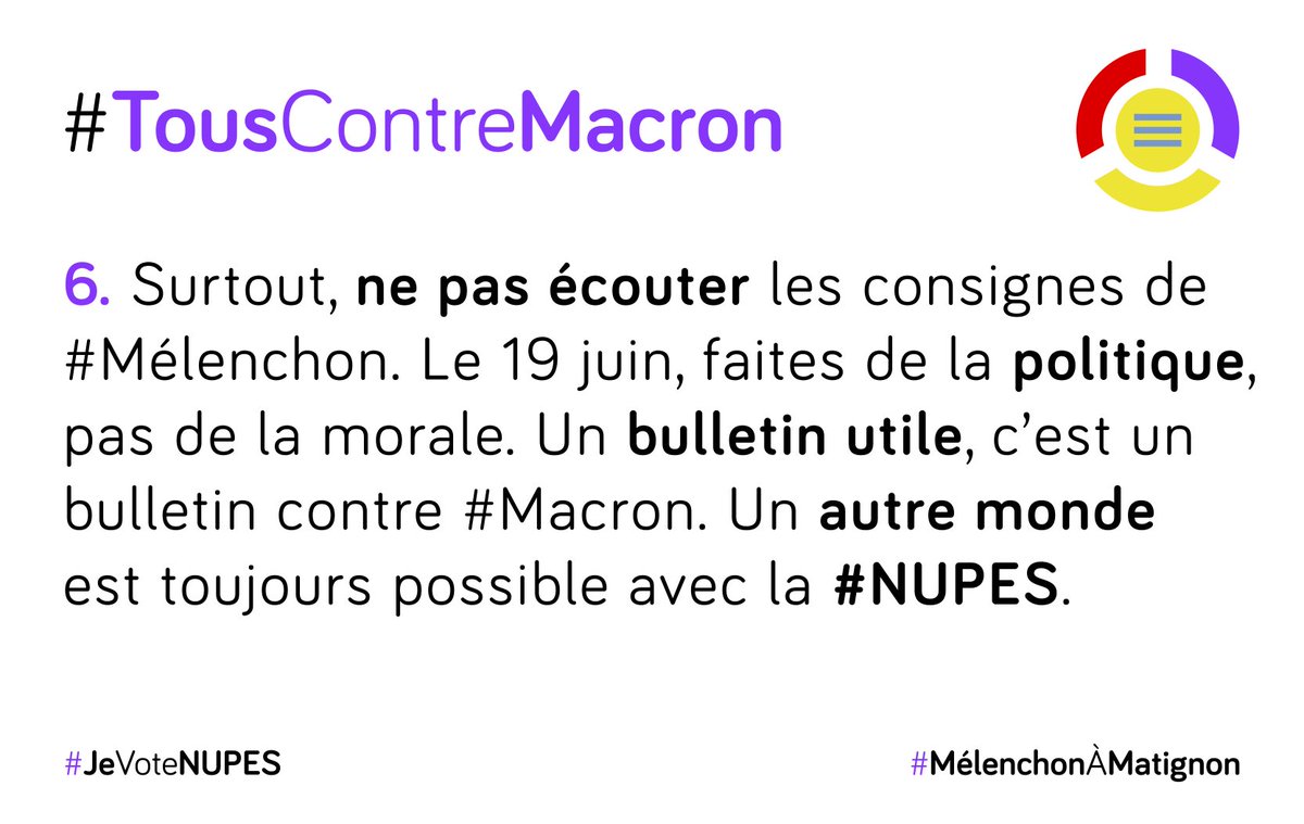 On est d'accord : pas un bulletin pour #ManuDesTrèsRiches au 2e tour. #TousContreMacron !
#GiletsJaunes #motpourmot #abolirlaRépublique #nupes #legislatives2022    #MelenchonAMatignon 
<a href="/FranceInsoumise/">La France insoumise</a> <a href="/NUPES_2022_/">Nouvelle Union Populaire Écologique et Sociale ✌️</a> <a href="/JLMelenchon/">Jean-Luc Mélenchon</a> 
<a href="/TrouveAurelie/">Aurélie Trouvé</a>