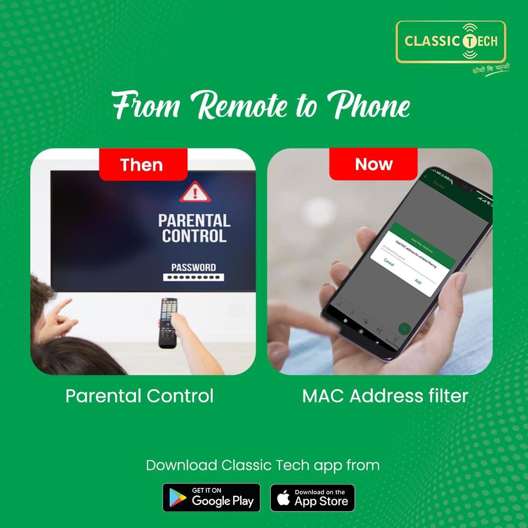 ClassicTechNP's tweet image. From having parental control in Televisions to using mac filtration,  One thing remains constant, The control remains in our hand like it should be.

#ClassicTech #Tachyon #Macfiltering #Control #Users #dualband #5Ghz #Bestisp #Connect