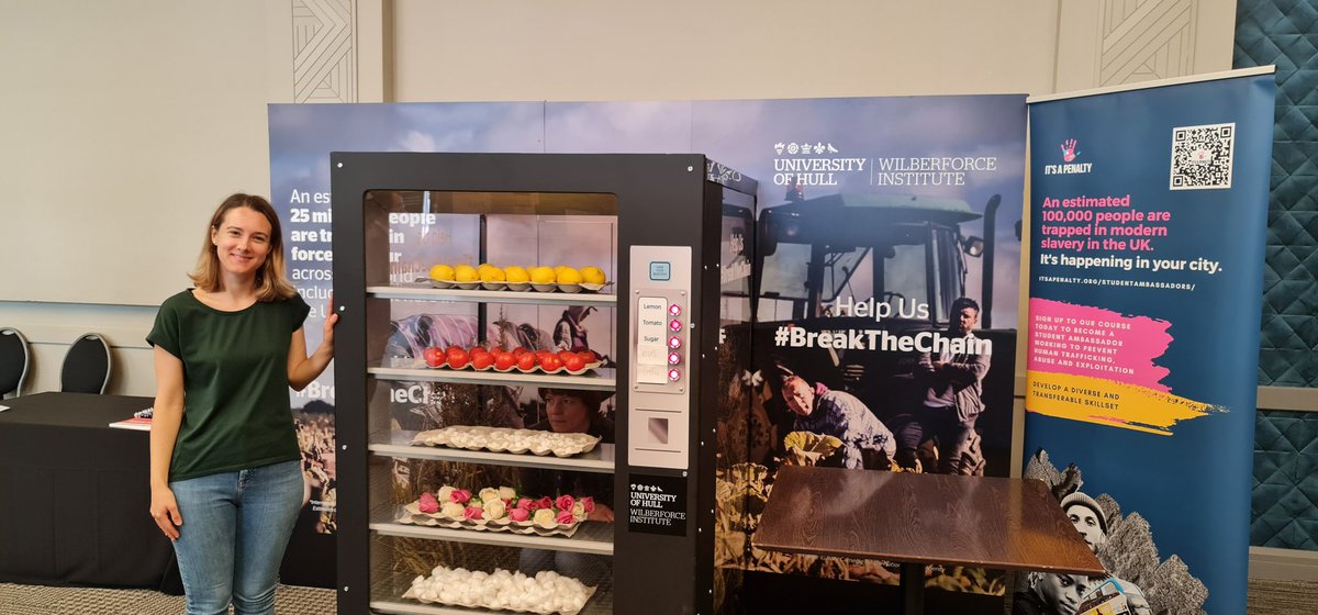 AndrewSmithUOH's tweet photo. Our @WilberforceHull #HumanVendingMachine is set up at this year's #KnowledgeExchange Conference at @UniOfHull. Delegates can interact with the display to find out more about #Slavey in global supply chains and what we can do as consumers to make positive change. #SocialJustice https://t.co/gPkJKYutVU