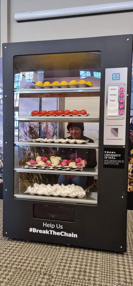 AndrewSmithUOH's tweet photo. Our @WilberforceHull #HumanVendingMachine is set up at this year's #KnowledgeExchange Conference at @UniOfHull. Delegates can interact with the display to find out more about #Slavey in global supply chains and what we can do as consumers to make positive change. #SocialJustice https://t.co/gPkJKYutVU