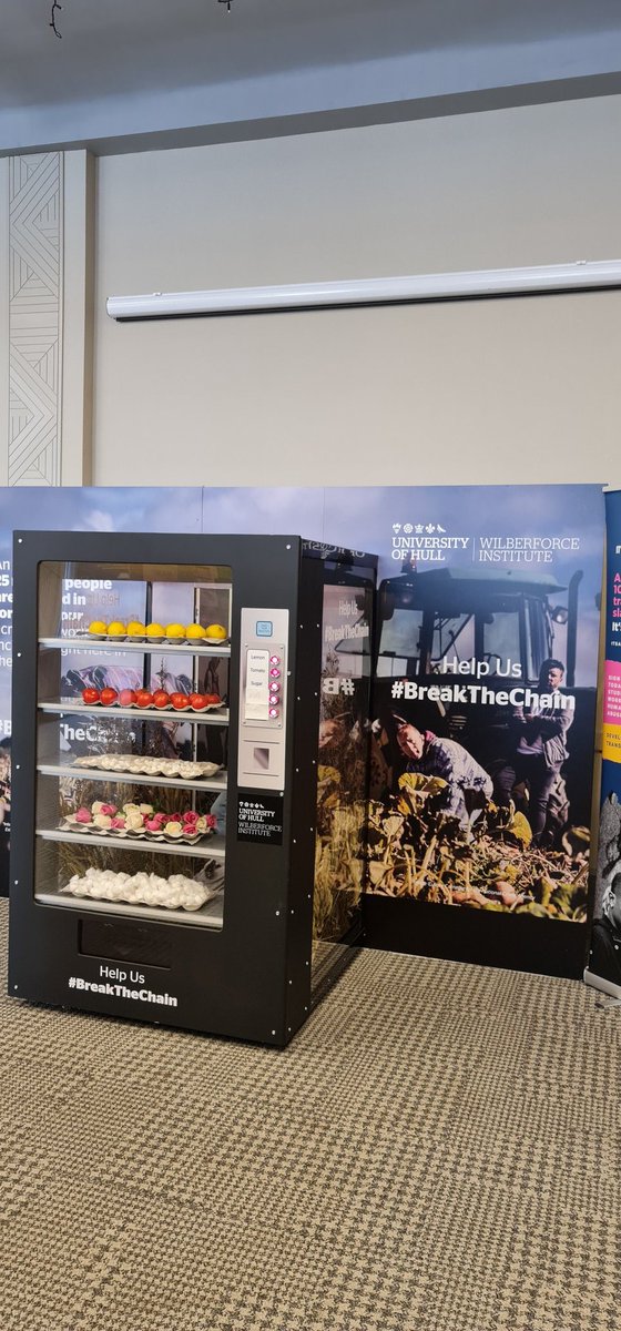 AndrewSmithUOH's tweet photo. Our @WilberforceHull #HumanVendingMachine is set up at this year's #KnowledgeExchange Conference at @UniOfHull. Delegates can interact with the display to find out more about #Slavey in global supply chains and what we can do as consumers to make positive change. #SocialJustice https://t.co/gPkJKYutVU