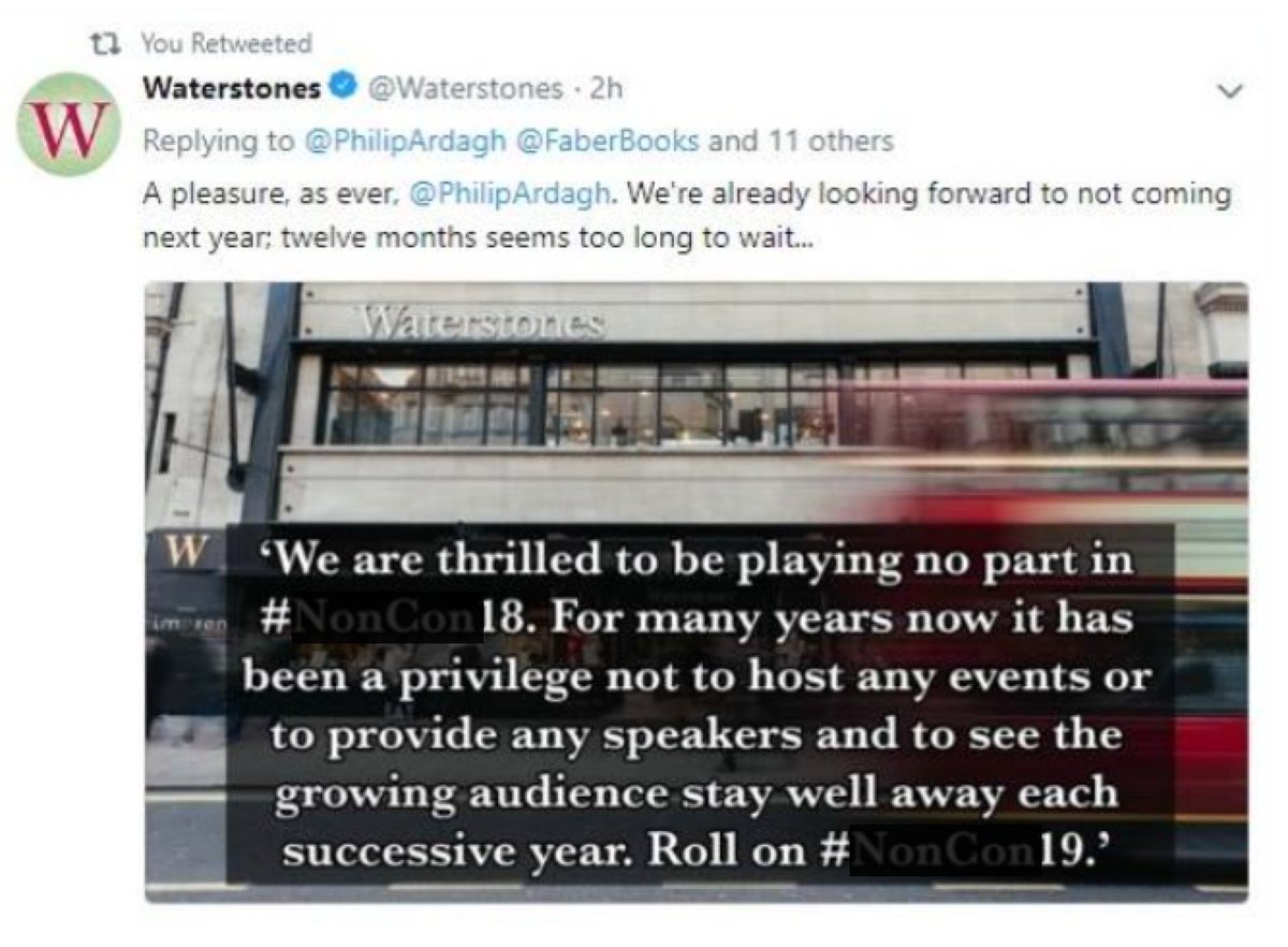 PhilipArdagh's tweet photo. To ensure our record of 100% non-attendance, this year's NON CONF - formally called something which was later appropriated by a hateful bunch - we've introduced a policy of announcing the date AFTER it has finished. It was yesterday. THANK YOU to all who didn't attend #NonConf https://t.co/Gtv9W5OKyM