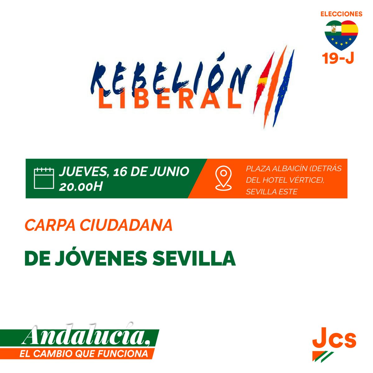 📢 Acércate mañana por la tarde a la #CarpaCiudadana de los <a href="/jovenesCs/">Jóvenes CS 🇪🇸🇪🇺</a> de Sevilla 

🕜A las 20h
📍En plaza Albaicín

#RebeliónLiberal #ElCambioQueFunciona
