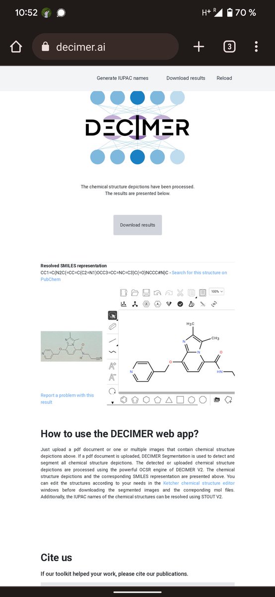 KohulanRajan's tweet photo. @WendyAnneWarr @JCIM_JCTC Incase if anyone is wondering what that molecule is on the slide you can #decimer it.
#2022ICCS
Clicked using 20x optical zoom from the last row of course 😀
CC1=C(N2C(=CC=C(C2=N1)OCC3=CC=NC=C3)C(=O)NCCC#N)C
@csteinbeck @egonwillighagen https://t.co/3EvVS44P5z