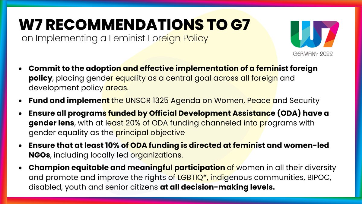 📢 Gender #inequality and unequal power relations are key obstacles to sustainable #peace. 

#Women7 calls for a radical shift in #foreignpolicy where decisions are based on participation, inclusion &amp; a human-rights based approach. #Timetodeliver #G7Ger

➡️bit.ly/3HwSGX1