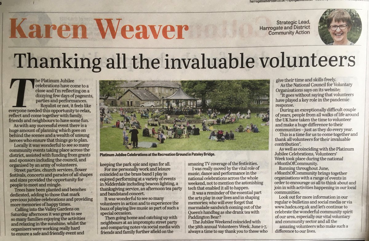 HADCAcharity's tweet photo. Did you catch our @KarenWeaver2020 in @HgateAdvertiser this week reflecting on #PlatinumJubilee &amp; #VolunteersWeek2022 ?

A BIG thank you to all volunteers whose energy, enthusiasm, skills &amp; kindness help bring so many safe &amp; welcoming events across our #Harrogate district 💐 https://t.co/FHhoCpbcsr
