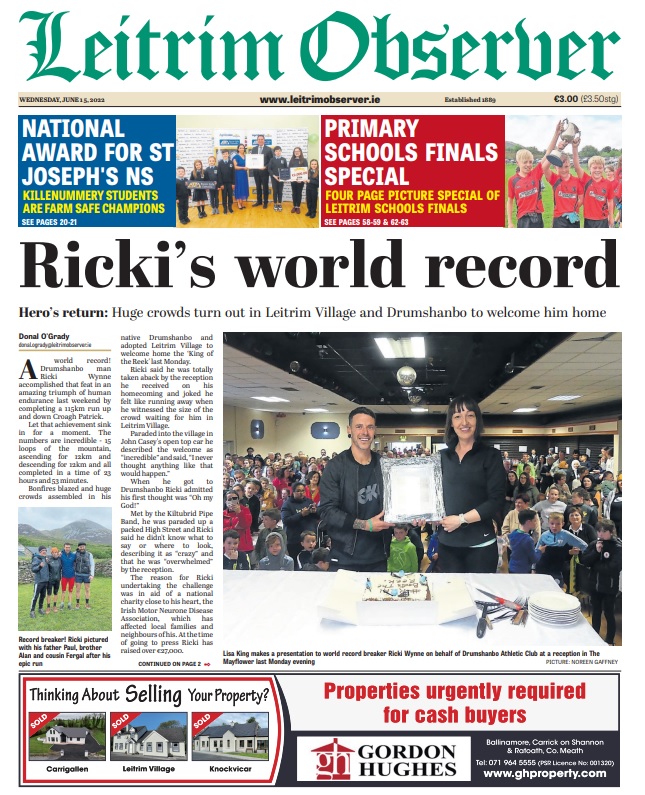 LeitrimLive's tweet photo. Front page this week: Ricki Wynne's world record #Drumshanbo #LeitrimVillage @GWR https://t.co/gpHs7CH8OF
