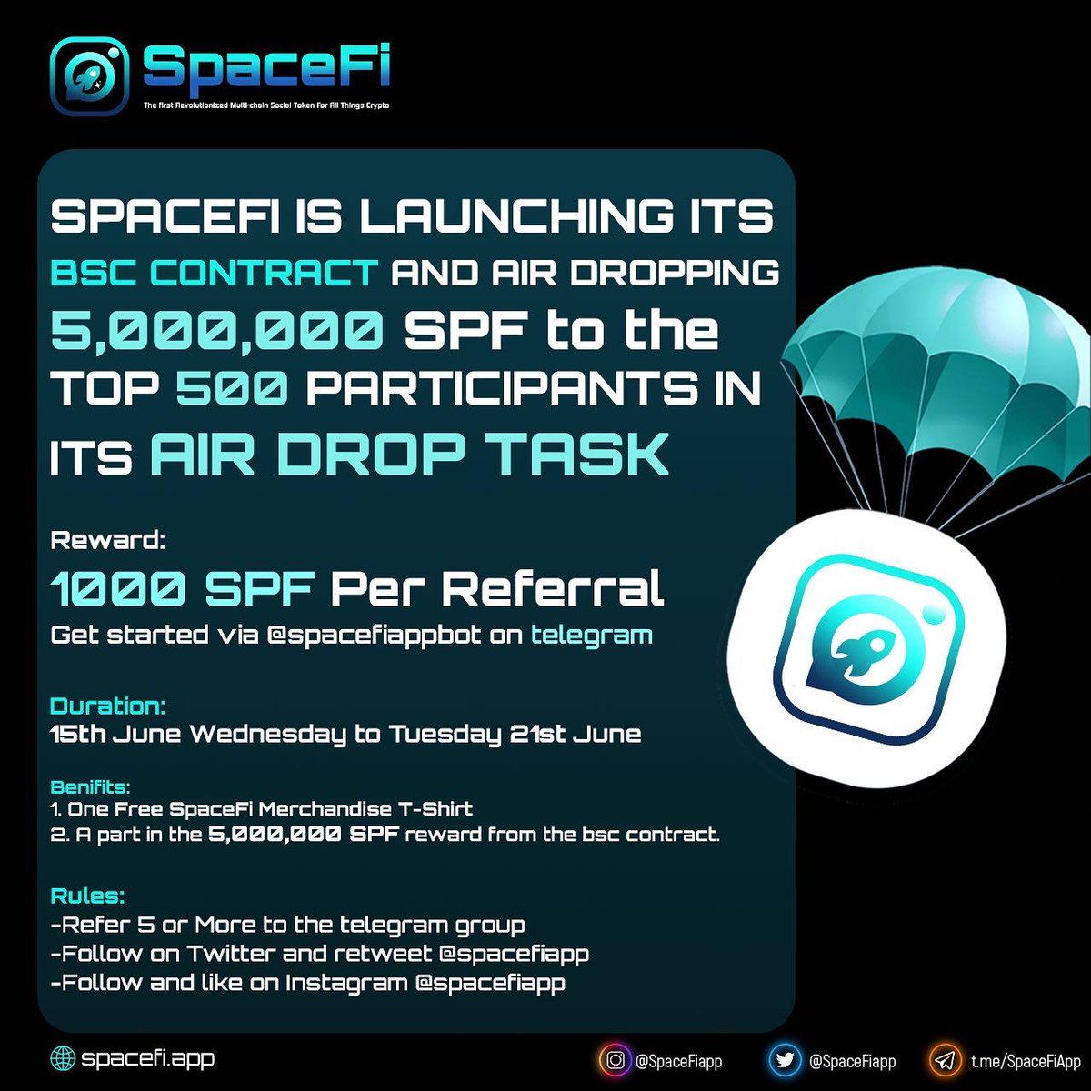 AirdropStario's tweet photo. 💧 SpaceFi Airdrop 💧

📍 Listed: CMC 📍 Tracked: Binance

🏆 Task: ➕ 5 Million SPF

👨‍👩‍👧 Referral: ➕ 1000 SPF per referrals for 500 random participants ➕ SpaceFi Tshirt Merchandise

🔛 Airdrop Link &amp; Information: https://t.co/q6cK0oJQiP

#Bitcoin #SpaceFiApp #SPF #Airdropstario https://t.co/0zS6MY0Rd6