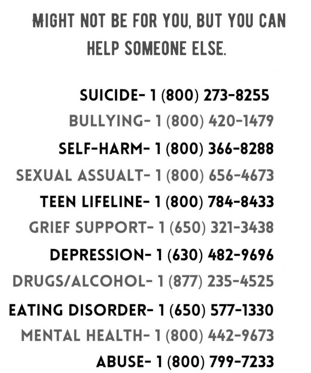 RT to spread for those in need of help.

Mental health is a HUGE factor in life &amp; stands out the most for me knowing I had / have a rough time keeping myself in a great position to keep going.

Don’t give up, and keep going. ❣️

#MentalHealthMatters