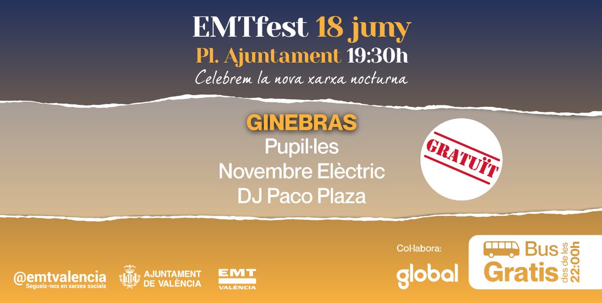 El 18 de juny gran concert gratuït en la Plaça de l'Ajuntament per a celebrar l'estrena de la xarxa nocturna!✨🎤
18.30h – Música variada + actuació de Superbús i Superbusina
20h –  <a href="/NElctric/">Novembre Elèctric</a> 
21.30h – <a href="/pupiles_oficial/">Pupil·les</a> 
23.00h –  <a href="/GinebrasBanda/">GINEBRAS</a> 
0.30h – DJ Paco Plaza