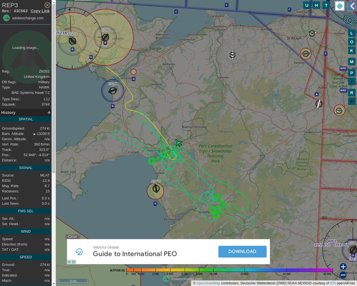 Radar_Assistant's tweet image. MULTI ADSBX MANOEUVRING ALERT : At time Wed Jun 15 09:45:01 2022 #REP3     was likely to be manoeuvring at FL139 8nm from CAE Caernarfon_NDB_GB
 near Bwlch Sais, Dolbenmaen, Gwynedd, Cymru / Wales, LL #AvGeek #ADSB globe.adsbexchange.com/?icao=43C562&amp;amp;z…