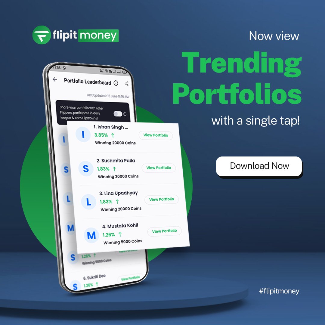 flipitmoney's tweet photo. We just launched a #newfeature!😍                                                                                                                                          Now follow #topinvestors and discover hidden gems with #Trendingportfolios. 
#flipitmoney #fintech https://t.co/LI8gT5taaC