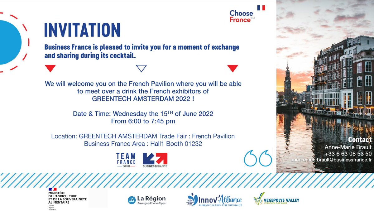 Na een zeer geslaagde eerste dag voor onze Franse Paviljoen op <a href="/Greentech/">greentechrepairs</a> Amsterdam, nu op naar dag 2!
Vanavond cocktail vanaf 18h00, kom met ons proosten!

#greentech #tuinbouw #gewasbescherming #klimaatbeheer #choosefrance #verticalfarming #horticulture #greentech2022