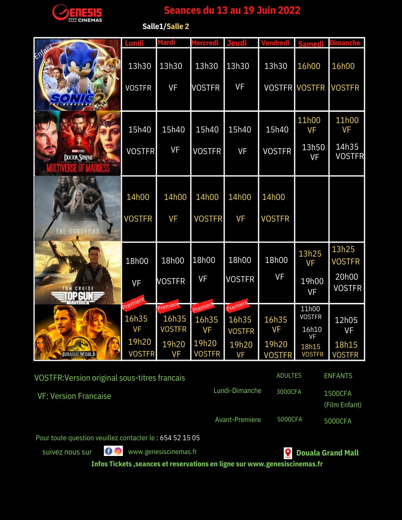 Ledawa's tweet photo. PROGRAMME DE LA SEMAINE
#CANALOLYMPIABESSENGUE
#CANALOLYMPIAYAOUNDE1
#CINEMAEDEN
#GENESISCINEMAS https://t.co/kv9xkvWAJ4