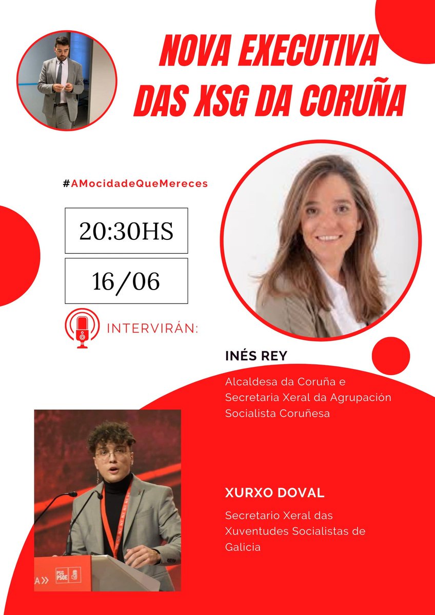 PSOE_Coruna's tweet photo. Mañá, xoves 16, terá lugar o nomeamento da nova #ExecutivaLocal do @XSG_Coruna 🌹
O acto dará comezo ás 20:30 na #CasaDoPobo
🗣️ Intervirán o Secretario Xeral das @XSGalicia, @xurxodb e a Secretaria Xeral do @PSOE_Coruna e alcaldesa de #Coruña, @inesreygarcia https://t.co/ePgsDVZaNN