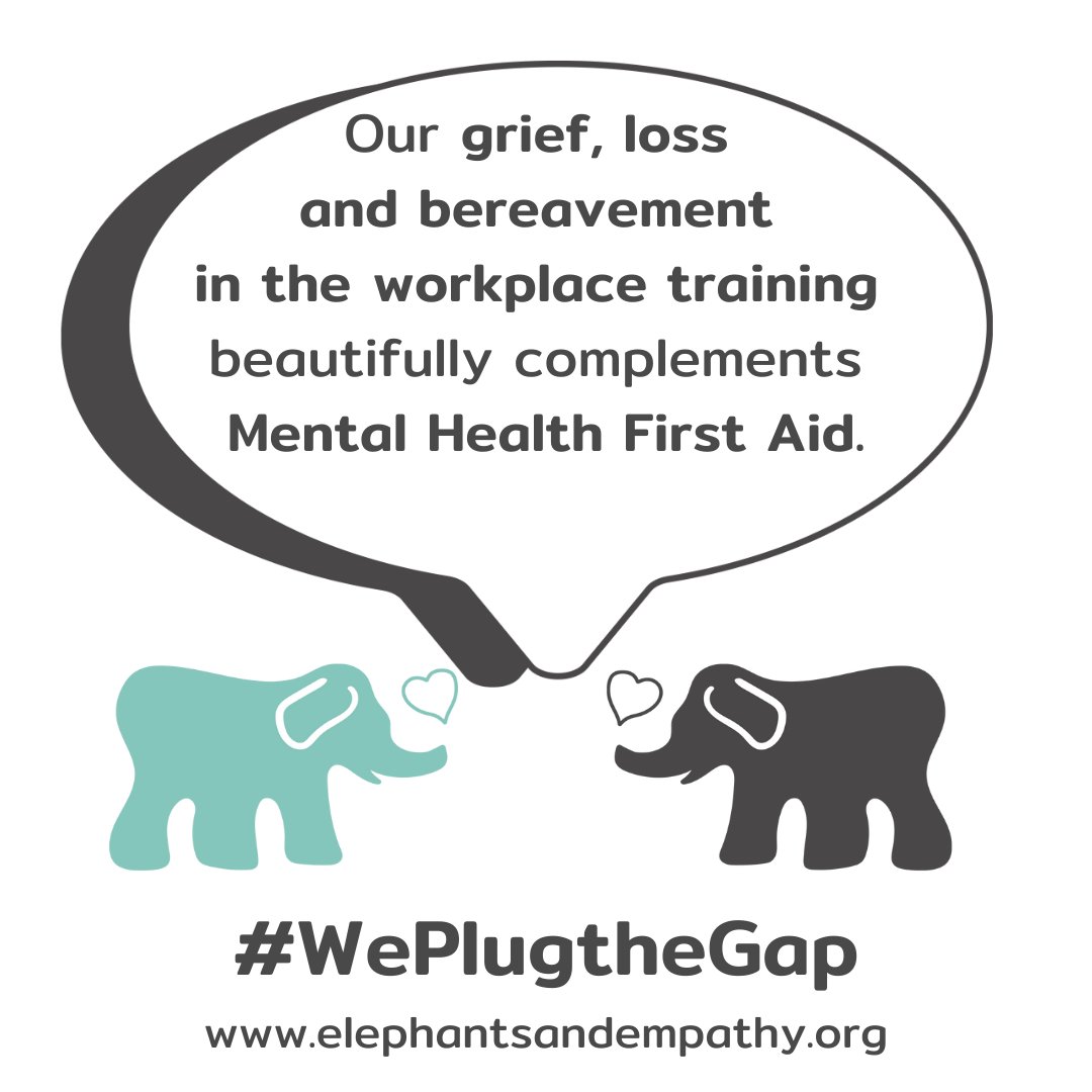 ElephantsCIC's tweet photo. We love that so many orgs have their staff trained in #MentalHealthFirstAid & #SuicideAwareness. Yet it doesn't cover #grief & how to #support #bereaved colleagues. Join us, with Transform Lives Company, to #PlugTheGap & become a shining light in both mental health & grief. 🐘❤️ https://t.co/wp4aa4W1IK