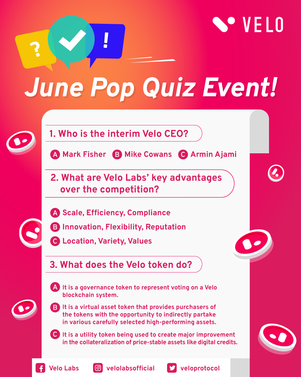 veloprotocol's tweet photo. It’s time! 
Answer ALL pop quizzes below and win $5 worth of VELO tokens! 💰
#VeloJune2022Quiz 

#TheFutureisVelo
Learn more at https://t.co/NWwGkEoaCL https://t.co/wnLkmYUt9V