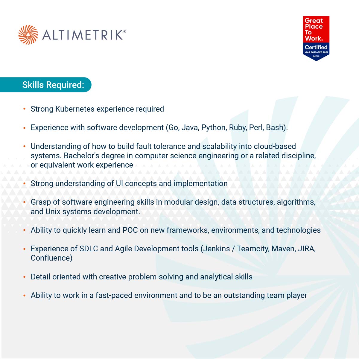 Altimetrik's tweet image. Looking for #FullStackEngineers who are passionate about developing cool applications, frameworks, reusable code, and want to bring a positive change through advanced technology. Drop your resume at sdsilva@altimetrik.com and get one step closer to making an impact.