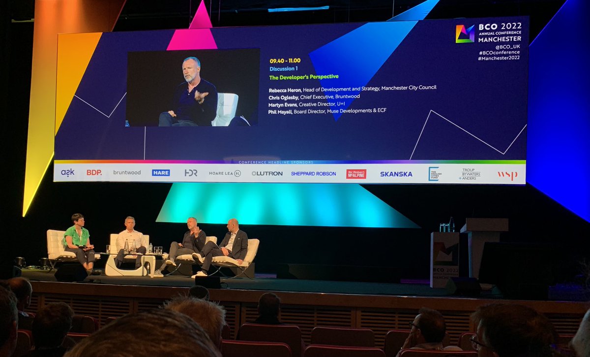 Phildoyle5plus's tweet photo. #BCOconference #Manchester2022 off and running day 1 of the ⁦@BCO_UK⁩ annual conference with the developers perspective on challenges, trends and disruption in the Manchester market. Great to be back together and even better to be here in Manchester. https://t.co/taJd6h05hc