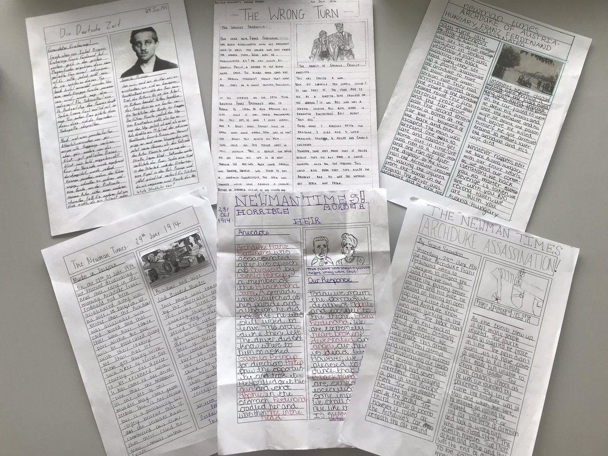 MissEdwardsHist's tweet photo. Amazed at the quality of homework produced by 8A3 for their newspaper reports on the assassination of Archduke Franz Ferdinand 📰 🤩Isabel even translated the whole article into German! 👏 https://t.co/GhndqbvrD8