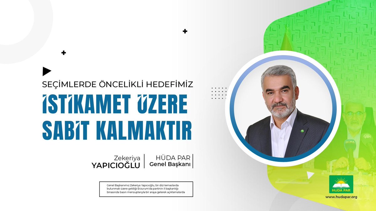 Genel Başkanımız Sayın Zekeriya Yapıcıoğlu: "Seçimlerde hedefimiz önce istikamet üzere kalmaktır, önce doğru bir siyaset yürütmektir." 
Detaylar internet sitemizde.
hudapar.org/web/1621/genel…