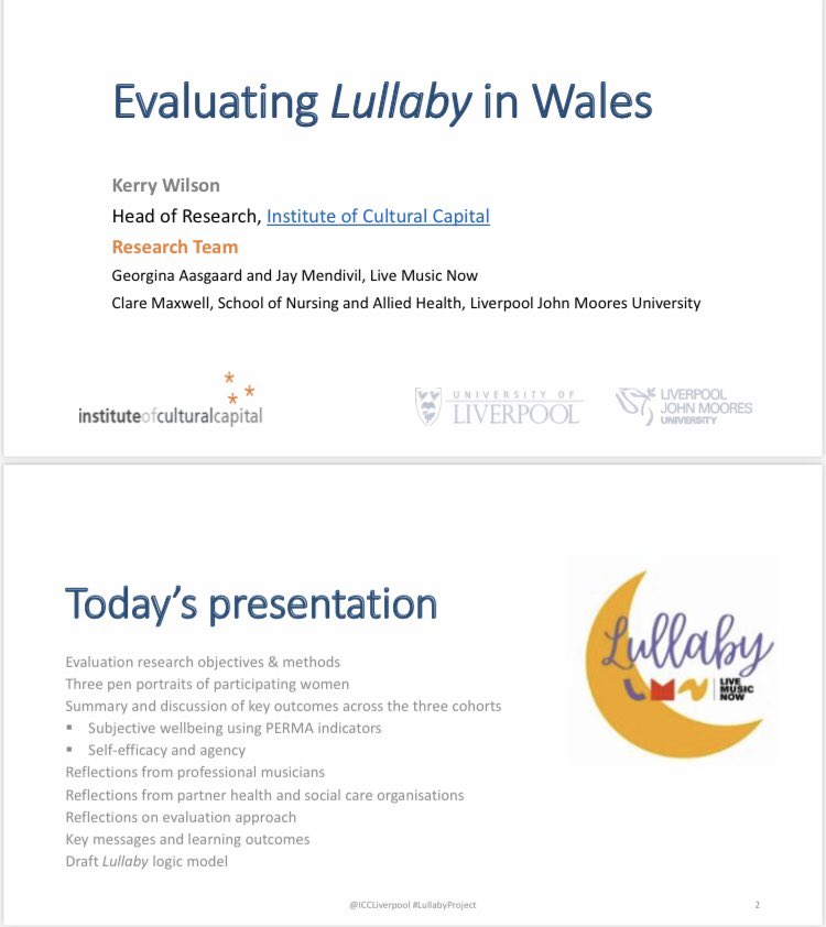 Looking forward to sharing our evaluation findings on impact of @livemusicnowcym #LullabyProject on women’s perinatal mental health and wellbeing this afternoon, as part of webinar with health and social care community. #creativehealth #WomensHealth 

iccliverpool.ac.uk/webinar-how-lu…