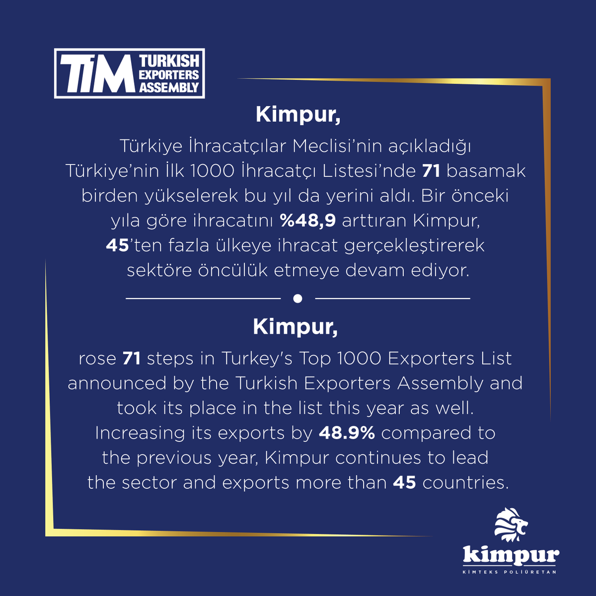 kimpurglobal's tweet photo. Kimpur, Türkiye İhracatçılar Meclisi’nin açıkladığı Türkiye’nin İlk 1000 İhracatçı Listesi’nde 71 basamak birden yükseldi!
Kimpur, rose 71 steps in Turkey's Top 1000 Exporters List announced by the Turkish Exporters Assembly and took its place in the list!
#Tim1000
#Kmpur https://t.co/3d5UbbhoeR
