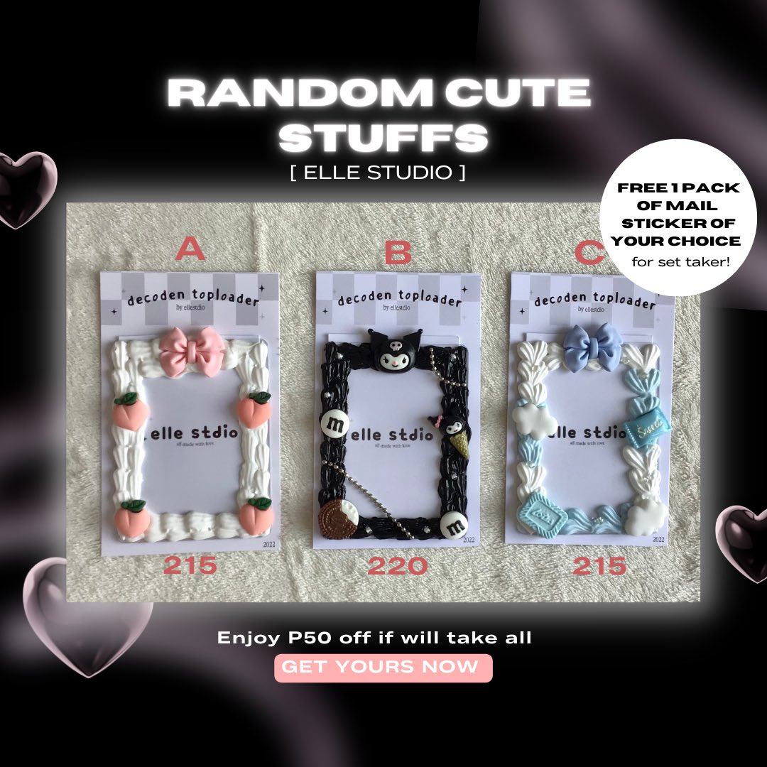 wts lfb ph 
Elle Studio "Random Cute Stuffs"
[ready made decoden toploader] 

✧ P215 - P220 (if will get all, P600)
✧ made with clear toploader 
✧ no pf

reply "mine + letter" to claim 

▸ mod: ggx, sco 
▸ loc: cavite 

🔗 decorated toploader decoden kpop sanrio kuromi resin