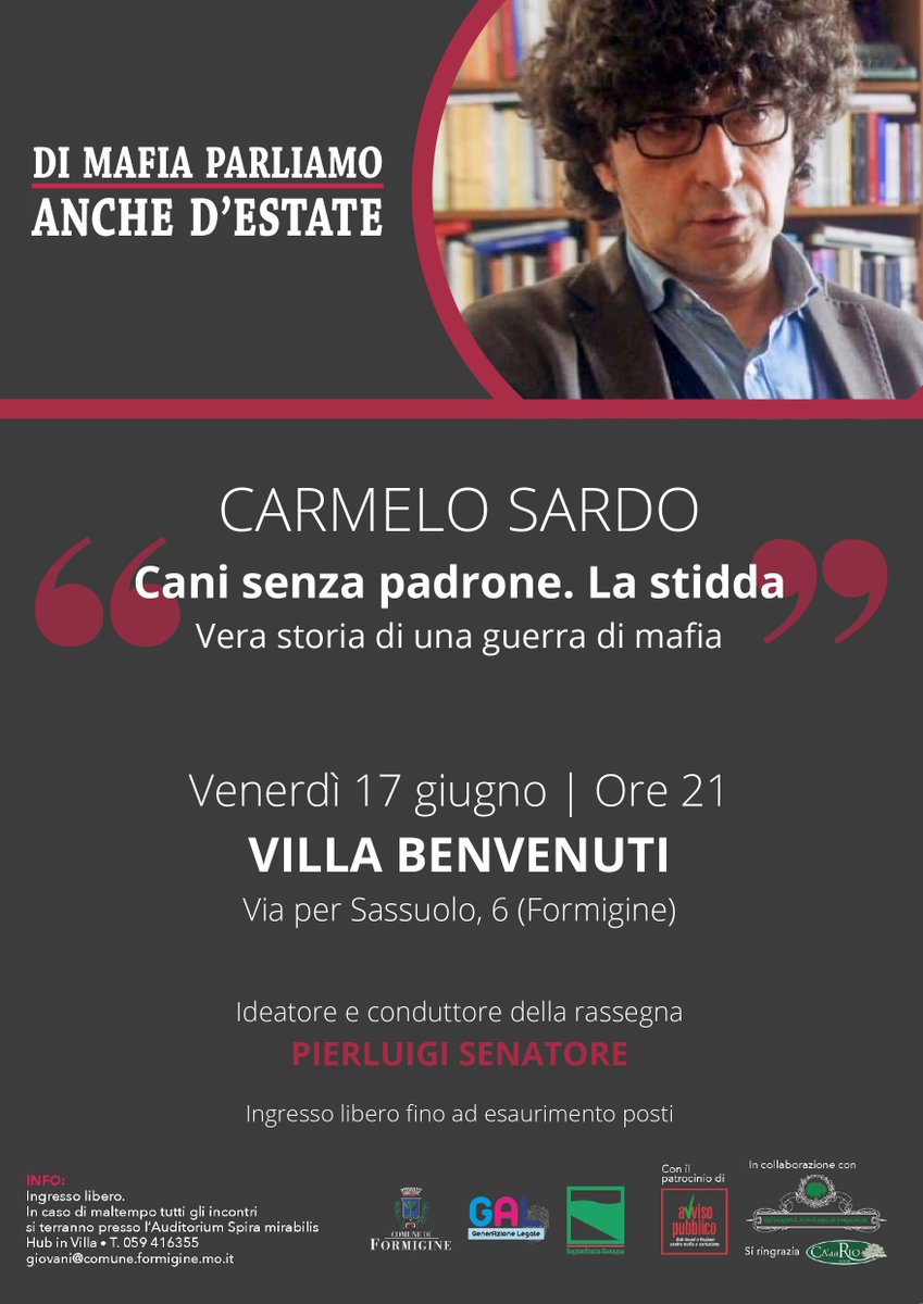 PierSenatore's tweet photo. Venerdì 17 giugno sarà a Villa Benvenuti di Formigine alle 21, il giornalista @CarmeloSardo con lui parleremo di ROSARIO LIVATINO e della Stidda, l'organizzazione criminale siciliana di tipo mafioso, attiva in particolare ad Agrigento, Caltanissetta e Ragusa. https://t.co/eagy0zb9WW