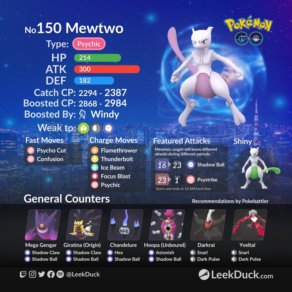 LeekDuck's tweet photo. Mewtwo returns to five-star raid battles on June 16, at 10 am local time. 

Join and host global raids with Raid NOW: https://t.co/v6GqeqERsL https://t.co/AqZAxqpbPH