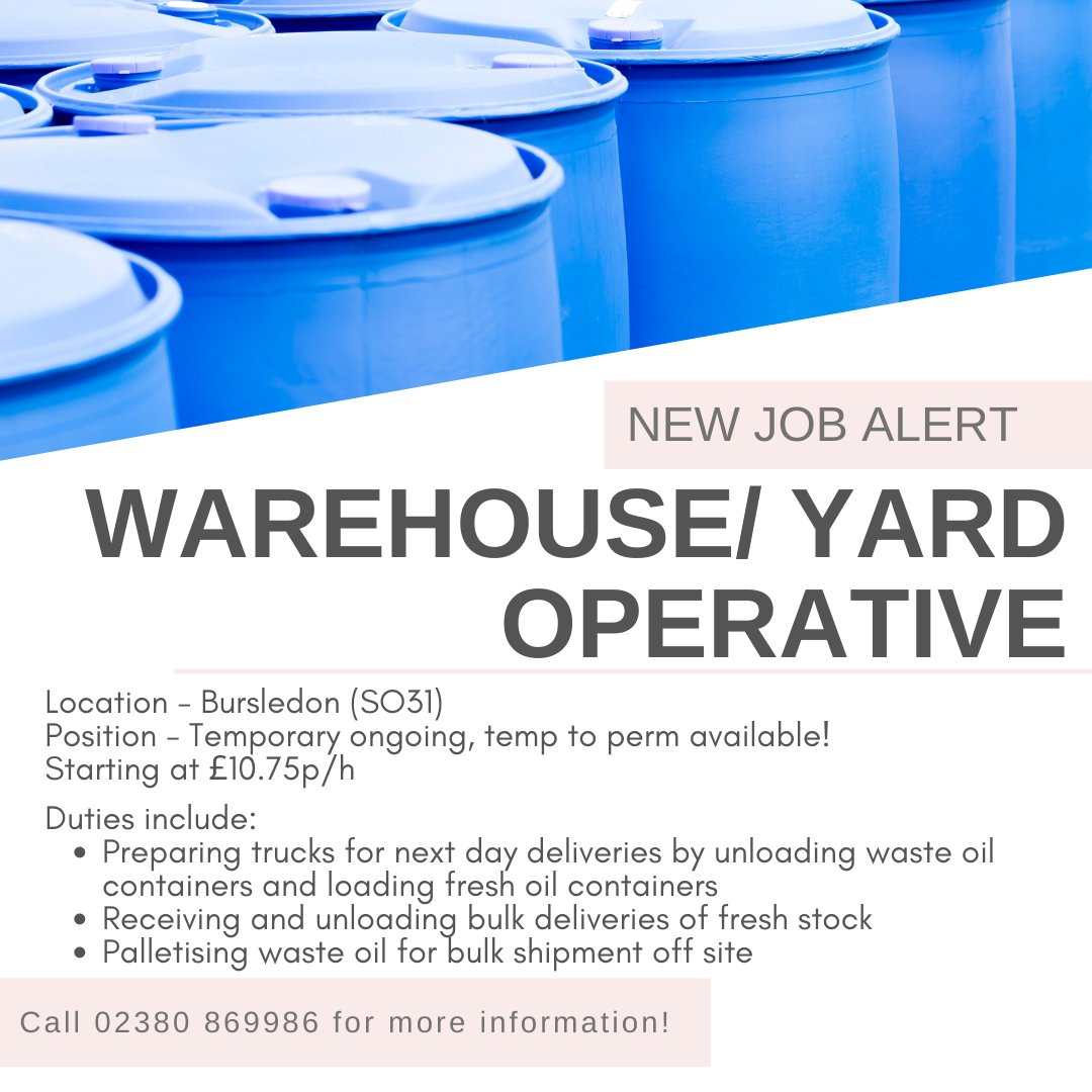 Warehouse/ Yard Operative position in Bursledon (SO31), IMMEDIATE START! Give Annemarie a call on 02380 869986!
#NewJob #Warehouse #YardOperative #Bursledon #Southampton #Employment #Recruitment #MaydayRecruitment #MaydayJob #MaydayPersonnel #ApplyToday!