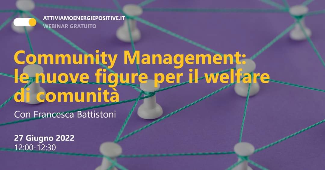 💥 SAVE THE DATE | WEBINAR GRATUITO 
🎯"Community Management: le nuove figure per il welfare di comunità". 
👉 27 GIUGNO | 12.00-12.30 | con <a href="/batty82/">Francesca Battistoni</a>
🔗 PARTECIPA SU attiviamoenergiepositive.it
 #attiviamoenergiepositive <a href="/betapdb/">produzioni dal basso</a> #CommunityManager #welfaredicomunità