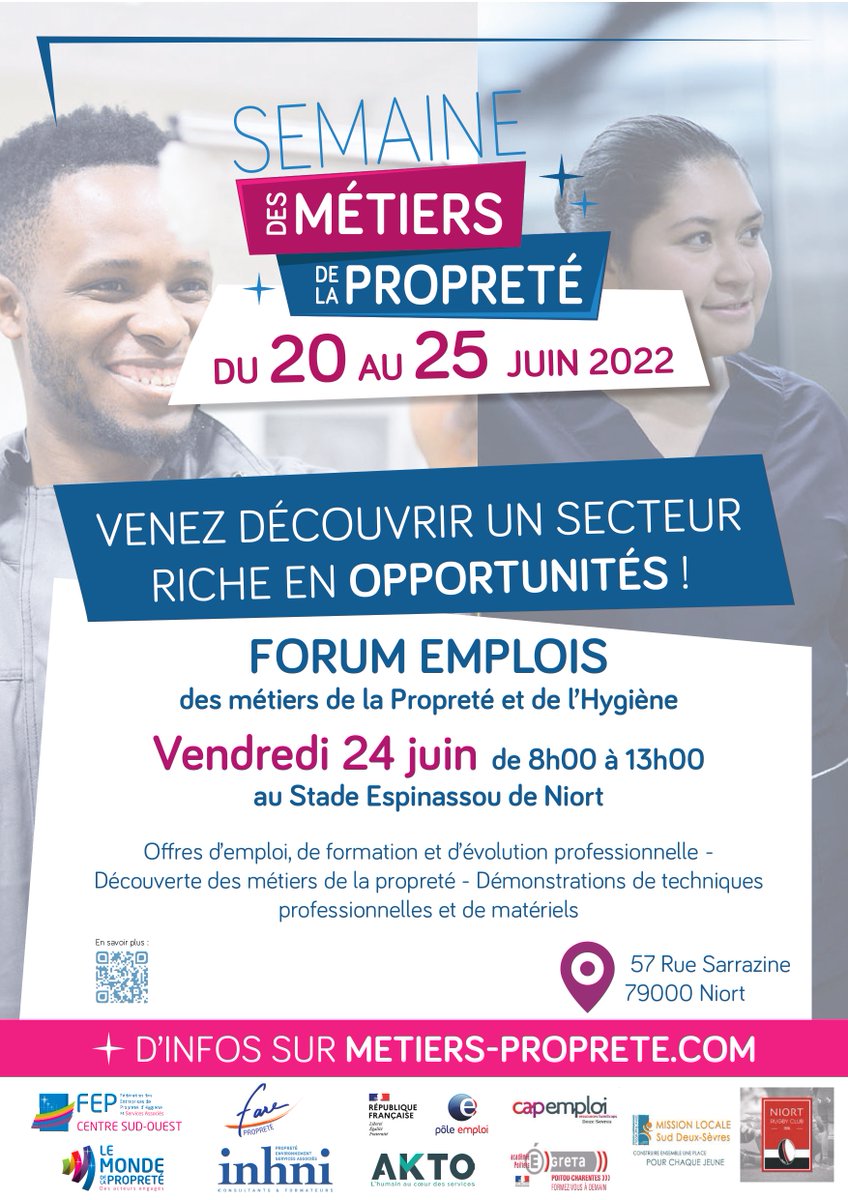 📅 A vos agendas !
Participez au Forum Emplois des métiers de la #propreté vendredi 24 juin matin à #Niort au stade Espinassou !
De nombreux postes sont à pourvoir. 🫧🧹🧼
Plus d'infos ici ▶️ metiers-proprete.com/semaine-metier…
#TousMobilisés #DeuxSèvres #Recrutement #Jobdating
