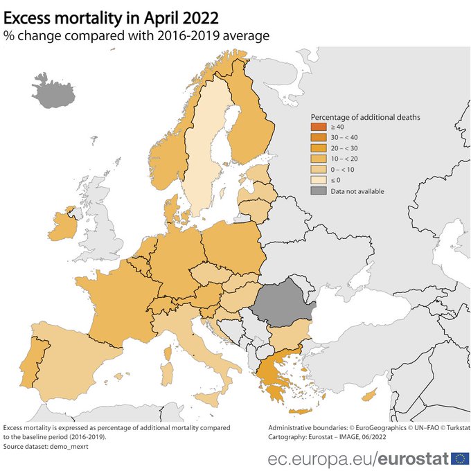 Map, excess mortality in April 2022, percentage change compared with 2016 - 2019 average, EU Member States