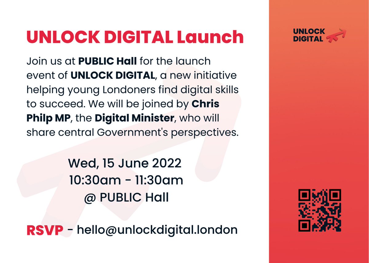 TechNation's tweet photo. Join @unlockdigital_ for their exciting launch event at Public Hall this morning, where @CPhilpOfficial will be speaking!
#Tech #UKTech #LondonTechWeek2022 https://t.co/waiyOmdv38