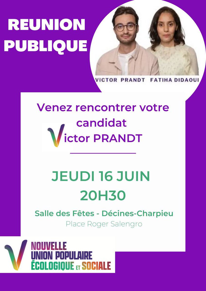 Nupes6913's tweet photo. Rendez-vous demain soir : 20h30 dans la Salle des Fêtes de #Décines pour une réunion publique #NUPES #Circo6913. ✌🏼

Venez nombreux•ses nous rencontrer ! 🤗 #VcommeVictoire https://t.co/q6nwJOVR37